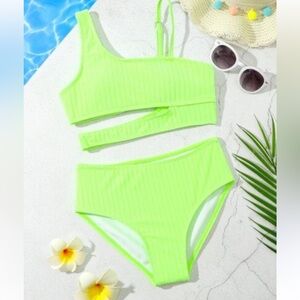 SHEIN Neon Lime Green Ribbed Asymmetrical Kids Bikini